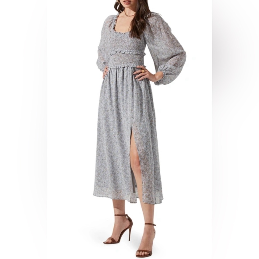 ASTR Smocked Bodice Long Sleeve Dress In Soft Blue
